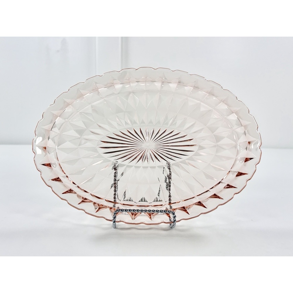Vintage Jeannette Pink Windsor Glass 11" Oval Platter Jewelry Plate Vanity Tray